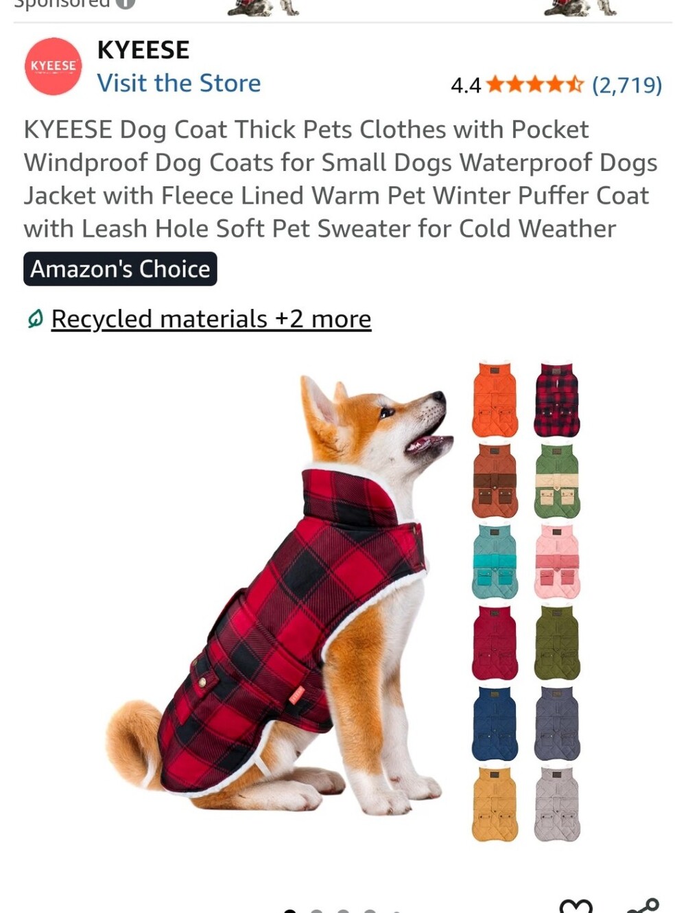 Kyeese Red Plaid Waterproof Dog Coat with Fleece Lining Very Warm New Size Large